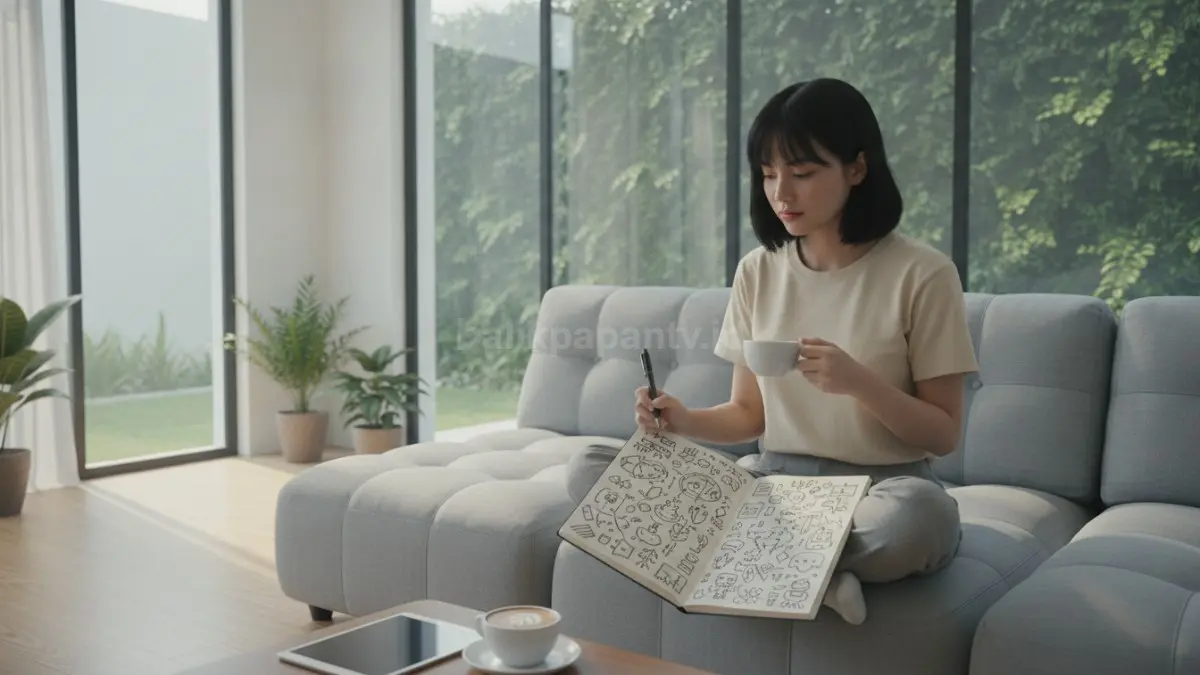 Seseorang membuat doodling di buku sketsa sambil menikmati waktu santai, melatih fokus dan kreativitas.
