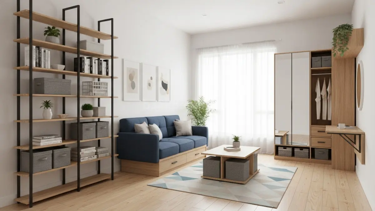 Smart storage modern pada rumah minimalis dengan rak vertikal dan furnitur multifungsi yang membuat ruangan terlihat lapang (BTV/Ai)