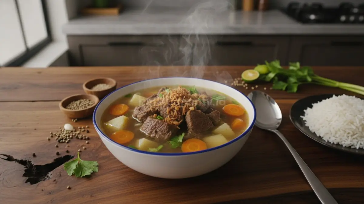 Sop daging sapi kuah bening hangat dengan potongan wortel, kentang, dan taburan bawang merah goreng.