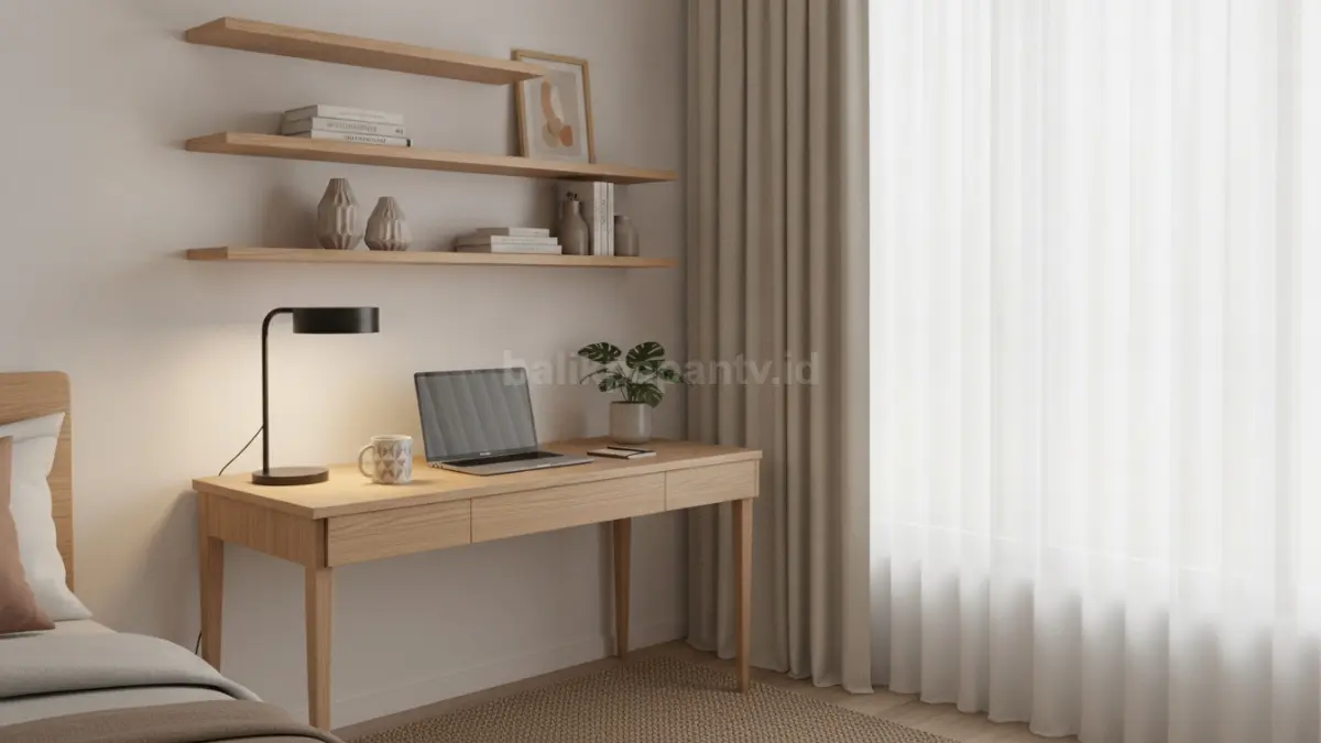 Sudut meja kerja minimalis di kamar estetik dengan lampu hangat dan rak penyimpanan rapi.
