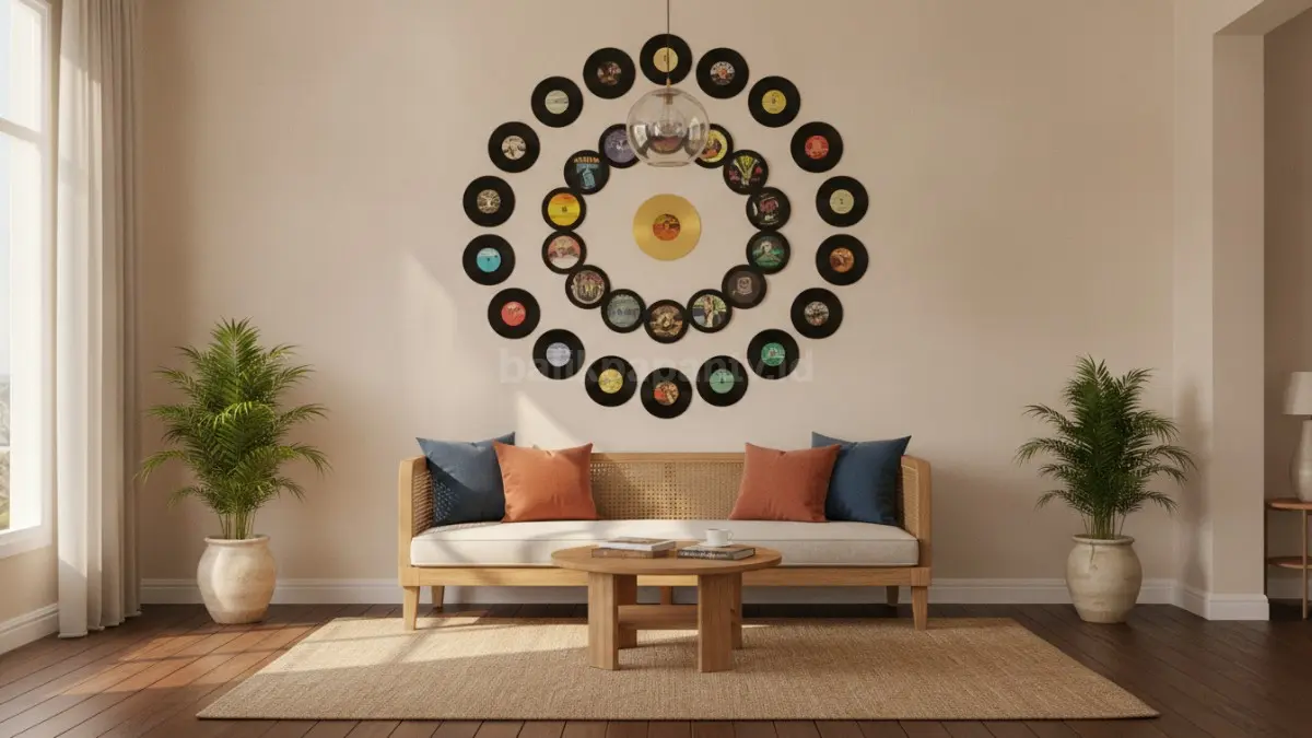 Susunan vinyl melingkar bertingkat menciptakan fokus visual kuat dan mempercantik dinding ruangan.  (BTV/AI)