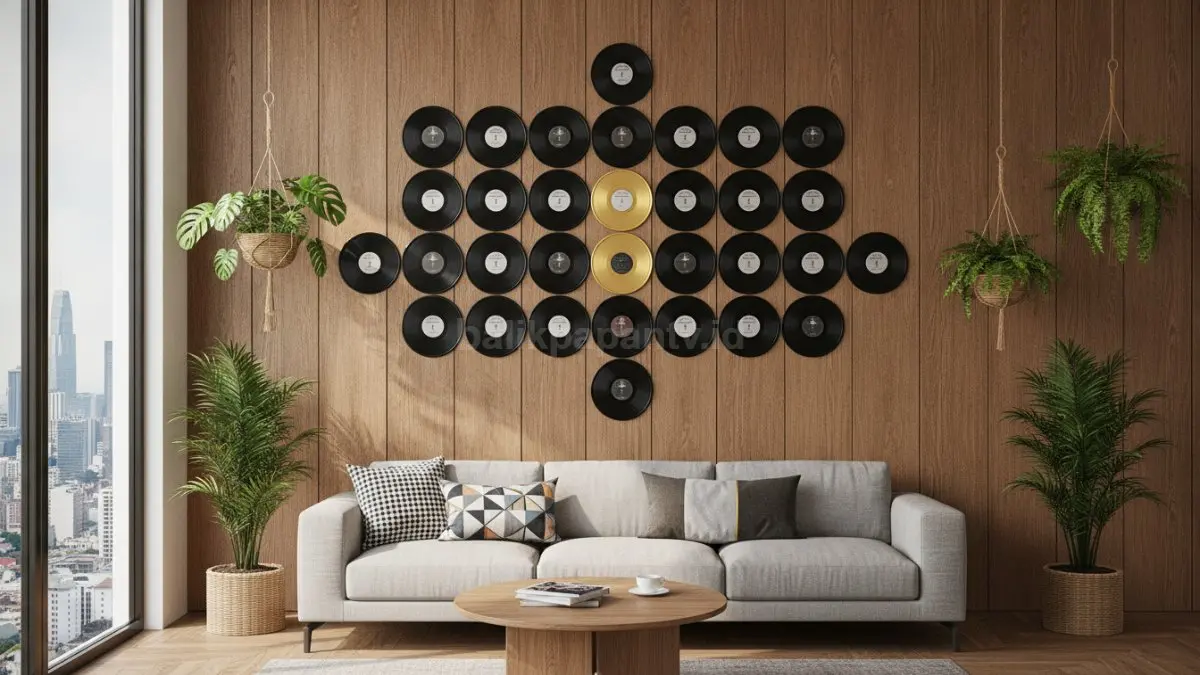 Susunan vinyl record simetris menciptakan dinding rapi, seimbang, artistik, cocok untuk berbagai ruangan.  (BTV/AI)