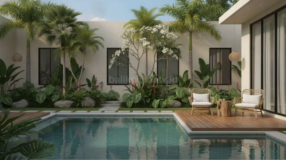 Taman tropis dengan tanaman hijau yang rimbun menciptakan suasana sejuk dan khas villa Bali di area hunian. (BTV/AI)
