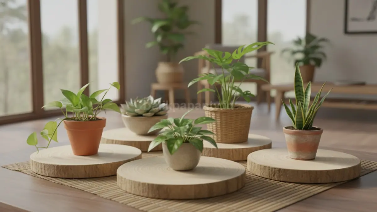 Tanaman indoor kecil di atas potongan kayu tampil rapi, natural, dan terorganisir.  (BTV/AI)