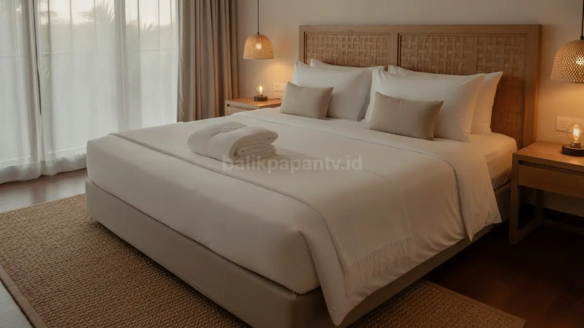 Tempat tidur dengan linen putih berlapis menciptakan suasana bersih, nyaman, dan elegan setiap hari. (BTV/Ai)
