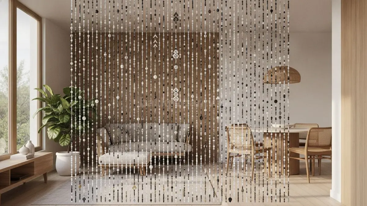 Tirai manik bermotif geometris menghadirkan sentuhan modern artistik, memperkuat karakter visual ruangan minimalis.  (BTV/AI)