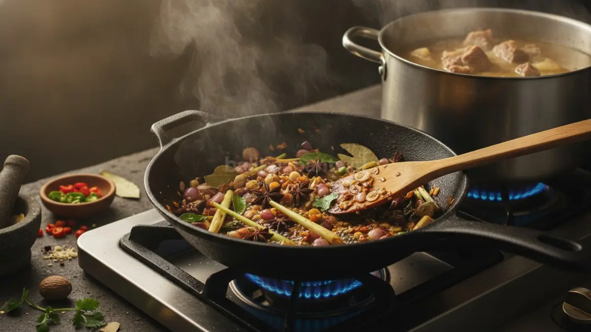 Tumis bumbu aromatik sop daging sapi yang harum sebelum dicampurkan ke dalam panci rebusan.
