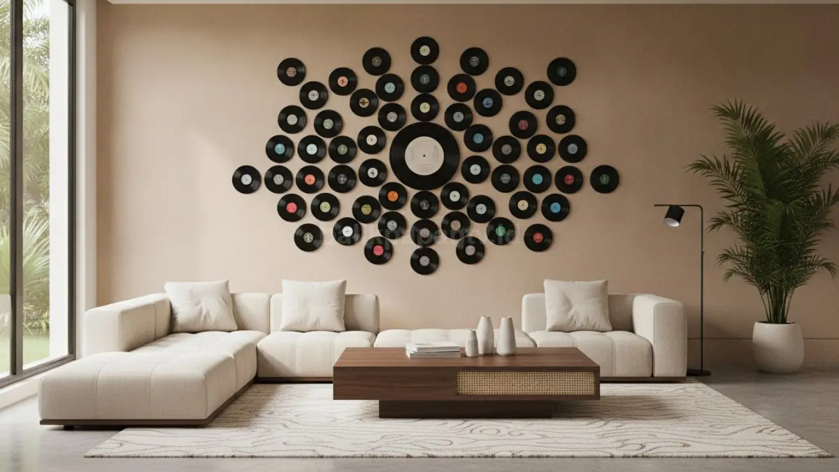 Vinyl Record Wall Decor menjadi pusat perhatian pada ruang tamu modern berkarakter.  (BTV/AI)