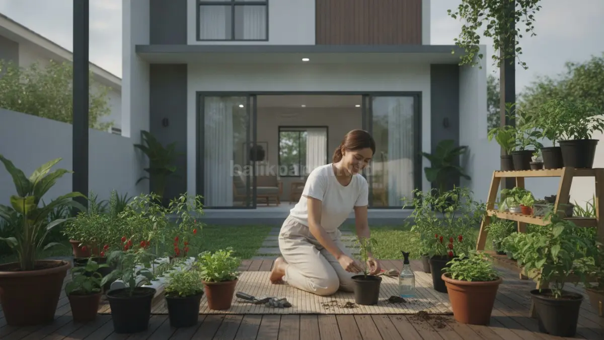 Aktivitas berkebun skala kecil di rumah sebagai hobi offline yang menyegarkan pikiran.
