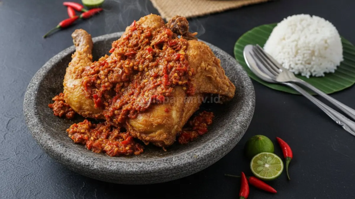 Ayam geprek krispi dengan sambal bawang pedas di atas cobek, siap menggugah selera sejak gigitan pertama.