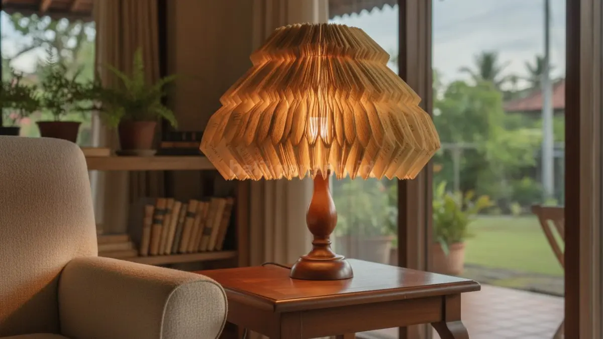Book Page Lamp Shade dari halaman buku bekas menghadirkan cahaya hangat dan dekorasi artistik.  (BTV/AI)