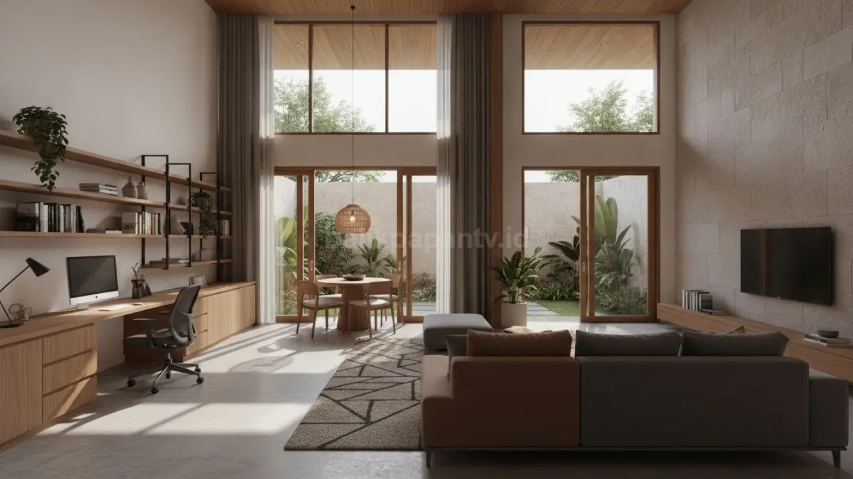 Desain rumah multifungsi modern dengan area kerja, ruang keluarga, dan pencahayaan alami yang nyaman (BTV/Ai)