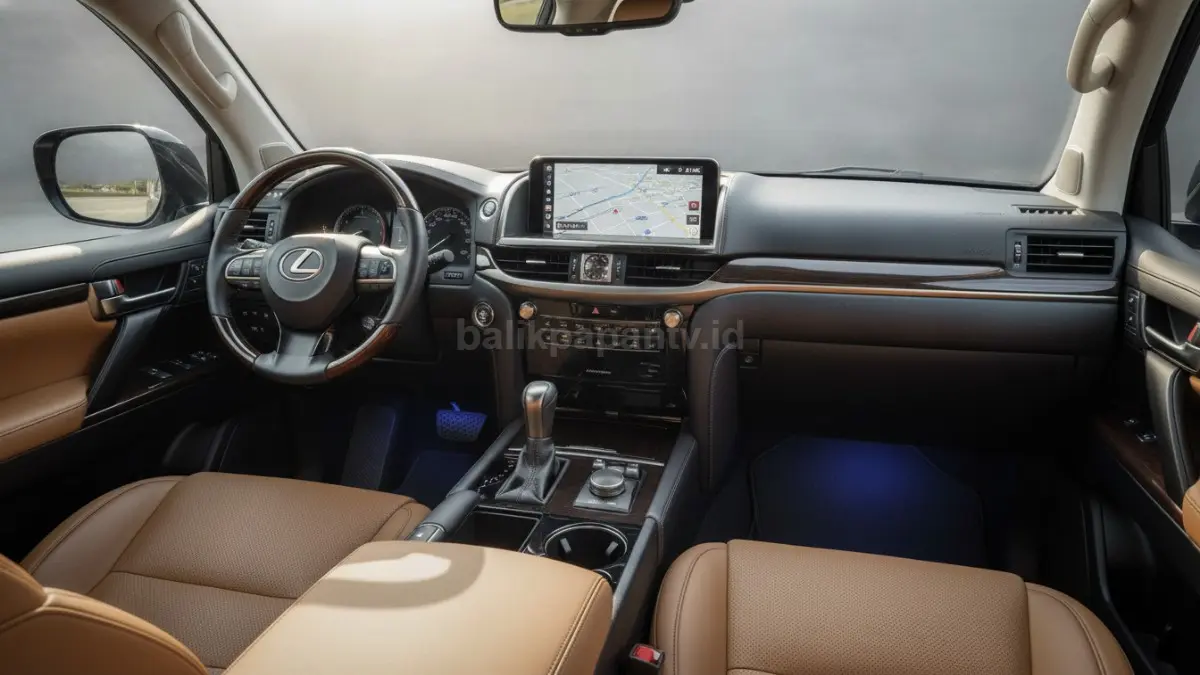 Detail interior Lexus LX-570 dengan head unit Android dan panel piano black. (BTV/Ai)