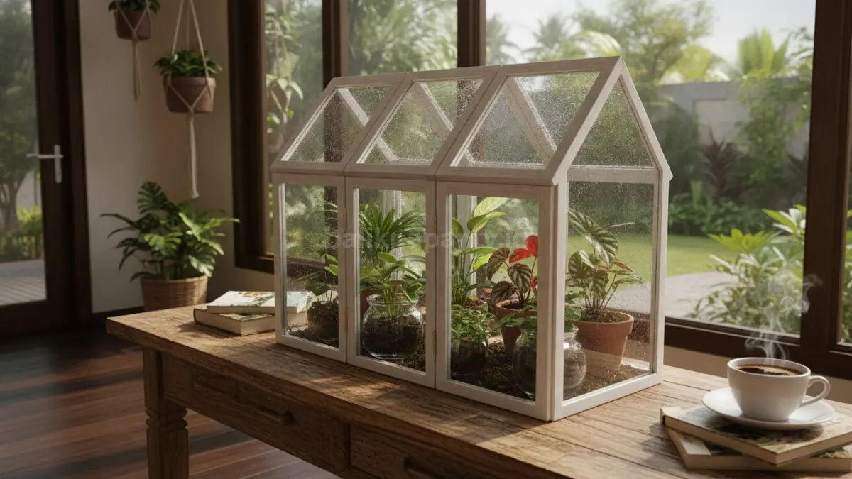 DIY mini greenhouse dari bingkai foto bekas menghadirkan dekorasi tanaman indoor yang estetik.  (BTV/AI)