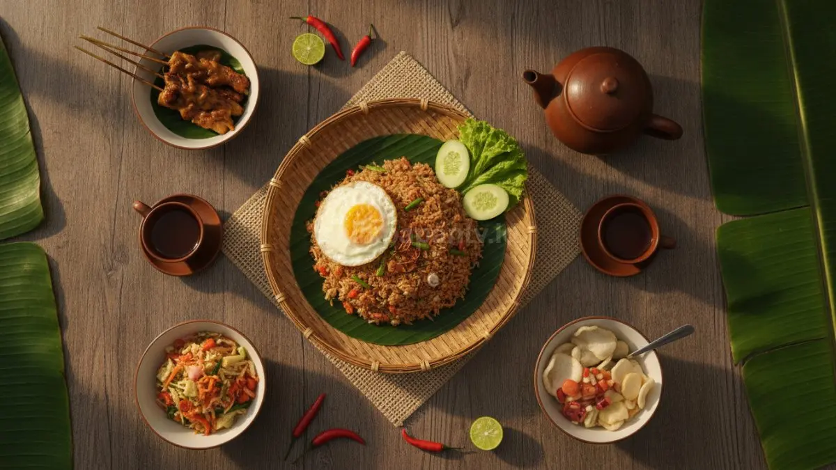 Foto flat lay makanan dari atas membantu menampilkan komposisi hidangan secara utuh, rapi, menarik visual, cocok untuk promosi kuliner dan produk UMKM di media sosial maupun katalog digital. (BTV/Ai)
