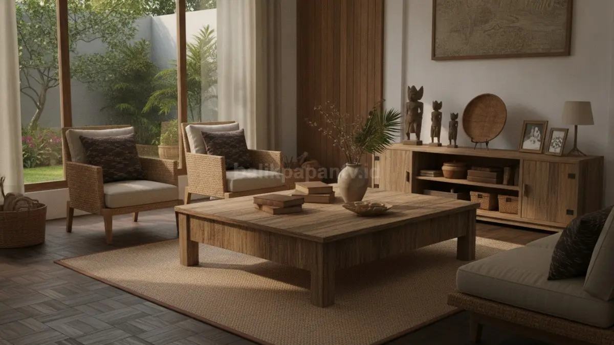 Furnitur kayu dengan serat alami dan jejak waktu memberi kesan hangat serta autentik. (BTV/AI)