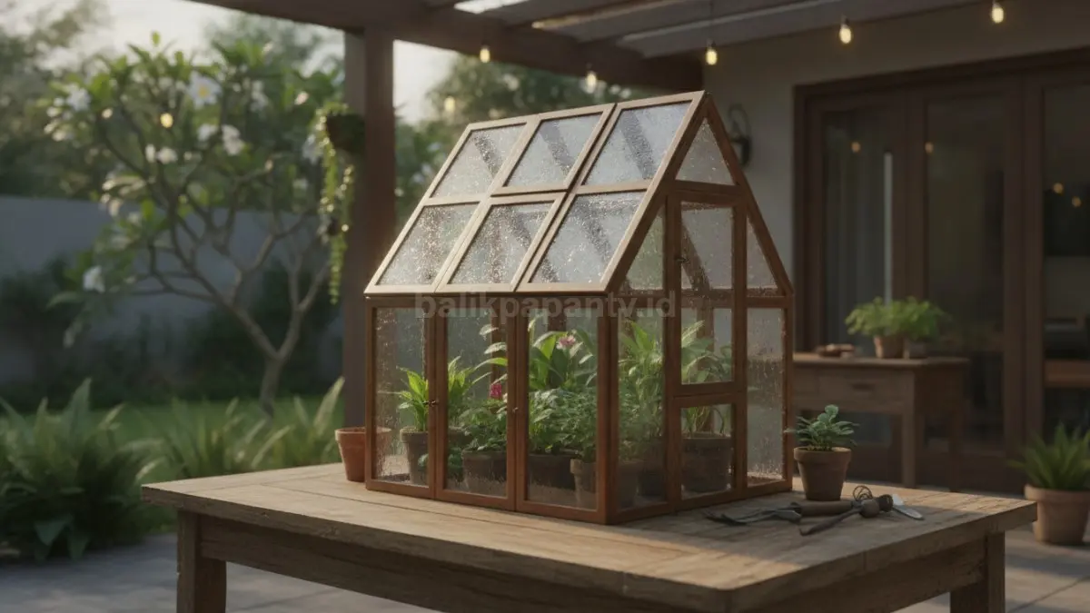 Greenhouse atap segitiga transparan memantulkan cahaya indah, menghadirkan dekorasi modern yang menarik perhatian.  (BTV/AI)