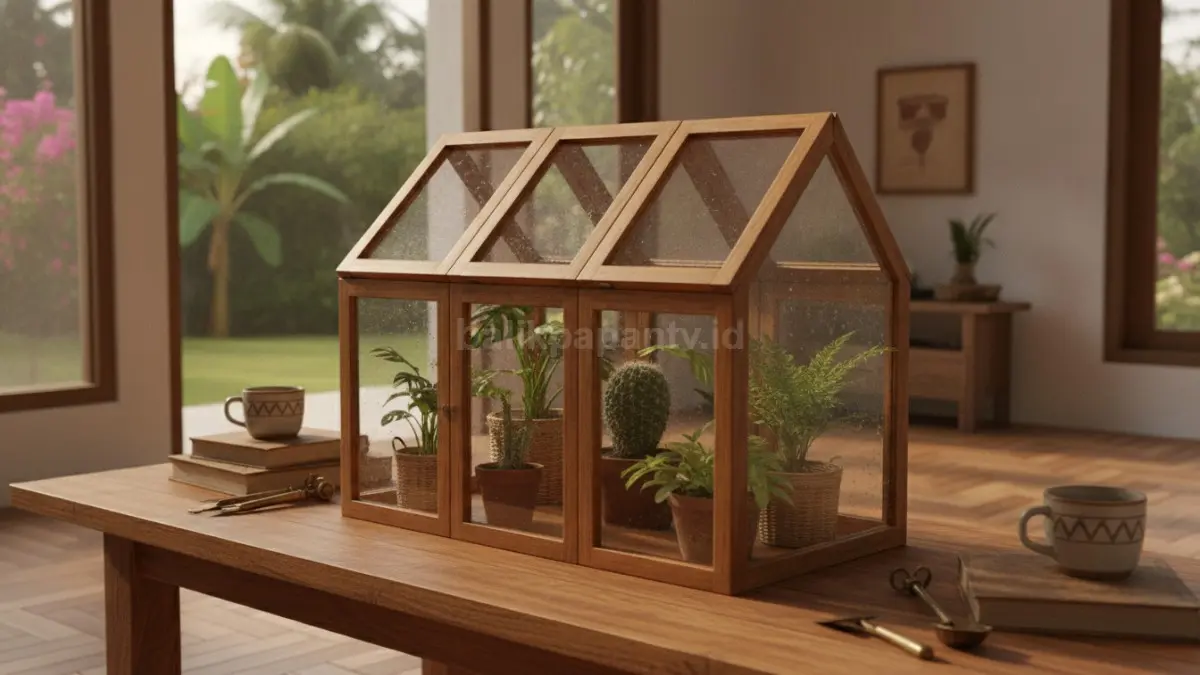 Greenhouse kombinasi kayu dan kaca menghadirkan nuansa hangat, alami, elegan, cocok interior modern.  (BTV/AI)