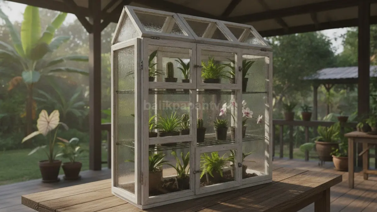 Greenhouse rak mini bertingkat memaksimalkan ruang terbatas, menampilkan beberapa tanaman sekaligus secara rapi.  (BTV/AI)