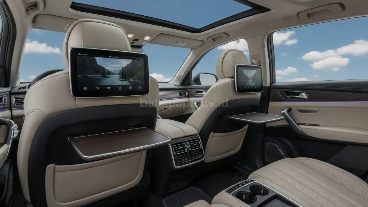 Interior BYD Denza Tang menampilkan captain seat dan layar hiburan untuk penumpang belakang. (BTV/Ai)