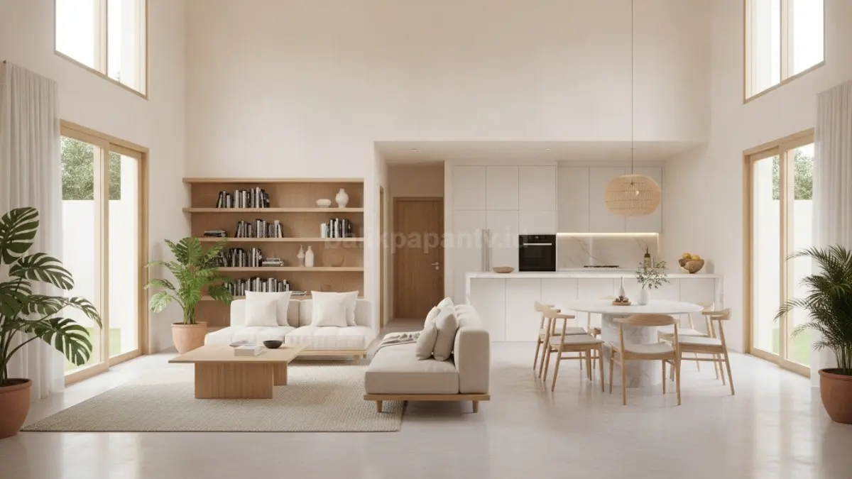 Interior rumah berwarna cerah yang memantulkan cahaya alami secara merata.
