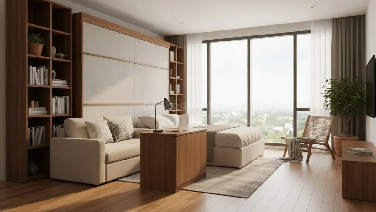 Kamar tidur multifungsi dengan furnitur modular mendukung belajar, bekerja, membaca, dan istirahat nyaman. (BTV/Ai)
