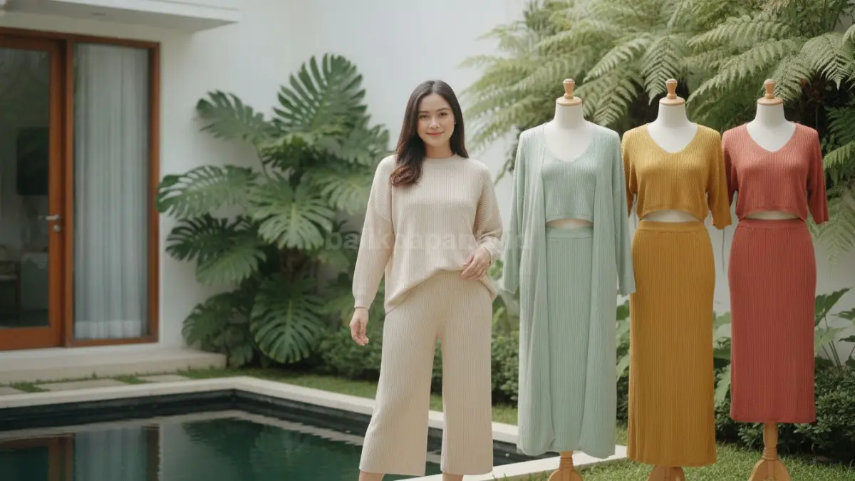 Koleksi baju rajut dengan berbagai model populer yang nyaman digunakan sehari-hari.