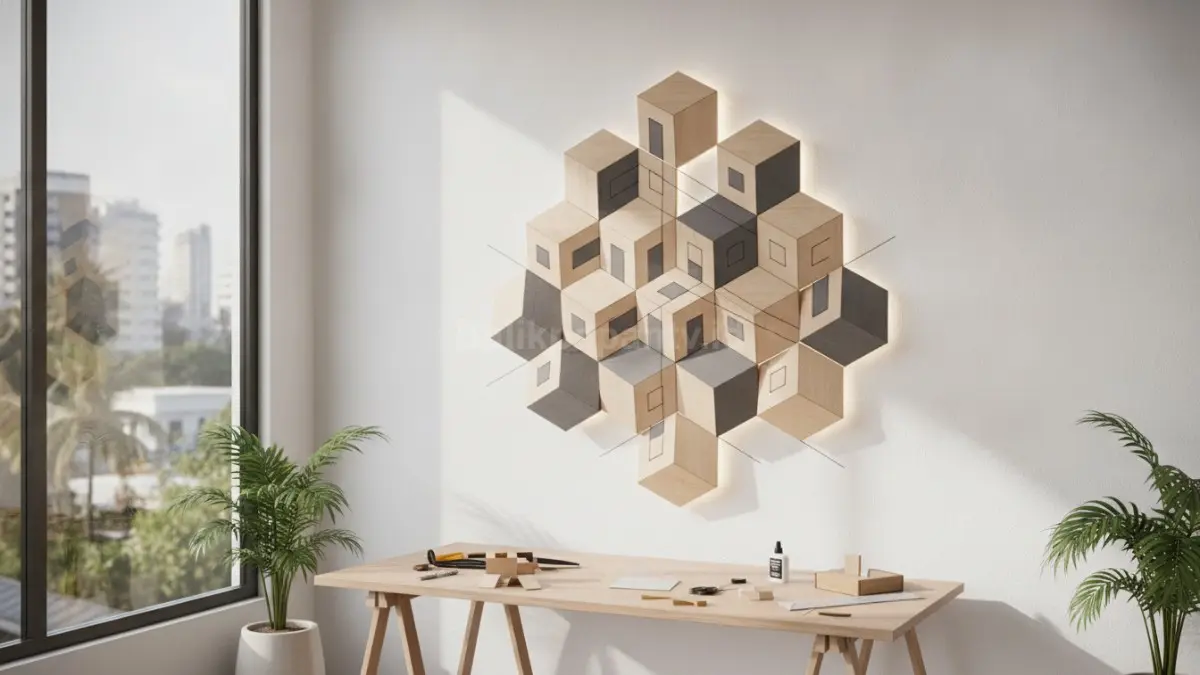 Kubus ilusi tiga dimensi menciptakan efek visual menonjol, memperkuat karakter modern ruang kreatif menarik.  (BTV/AI)