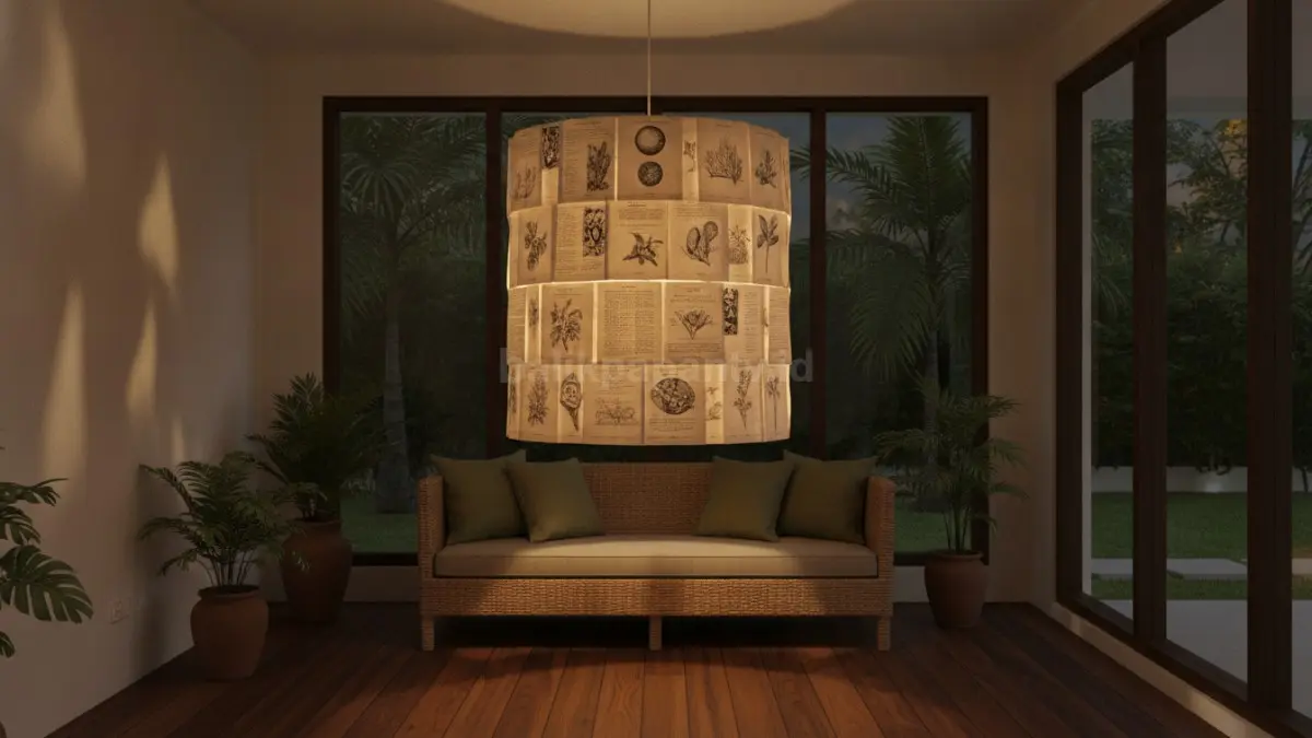 Lampu gantung dari halaman ensiklopedia menghadirkan detail ilustratif unik sebagai aksen dekorasi ruangan.  (BTV/AI)