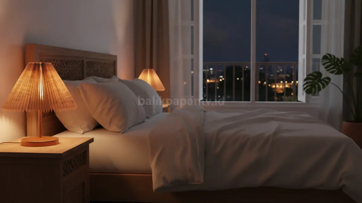 Lampu kamar tidur bernuansa hangat menghadirkan cahaya lembut untuk suasana istirahat nyaman.  (BTV/AI)