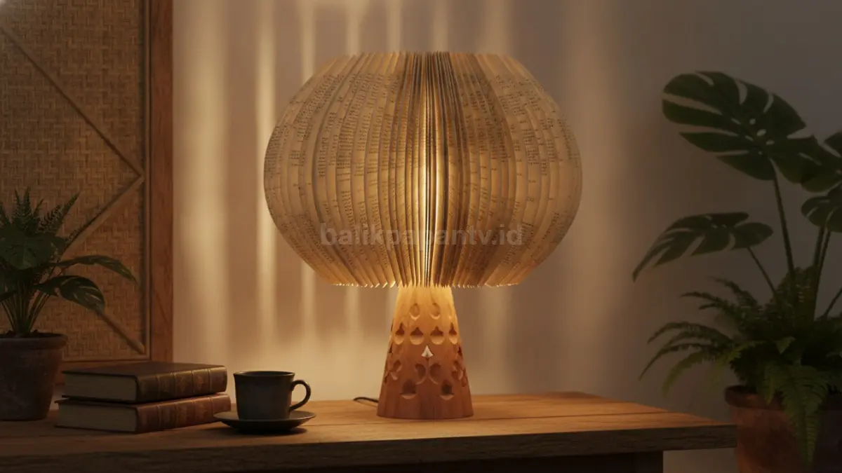 Lampu meja dari novel lama menghadirkan tekstur unik, cahaya hangat, dan karakter dekoratif menarik.  (BTV/AI)
