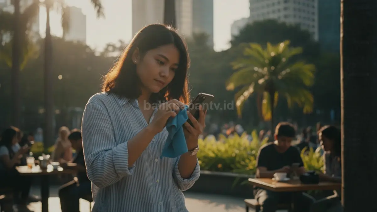 Lensa smartphone dibersihkan menggunakan kain microfiber sebelum memotret, membantu menghasilkan foto tajam dan jernih. (BTV/Ai)
