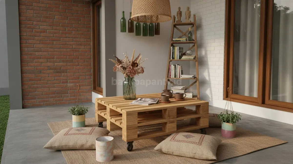 Meja kecil dari palet bekas menghadirkan fungsi praktis dan sentuhan rustic menarik untuk teras. (BTV/Ai)
