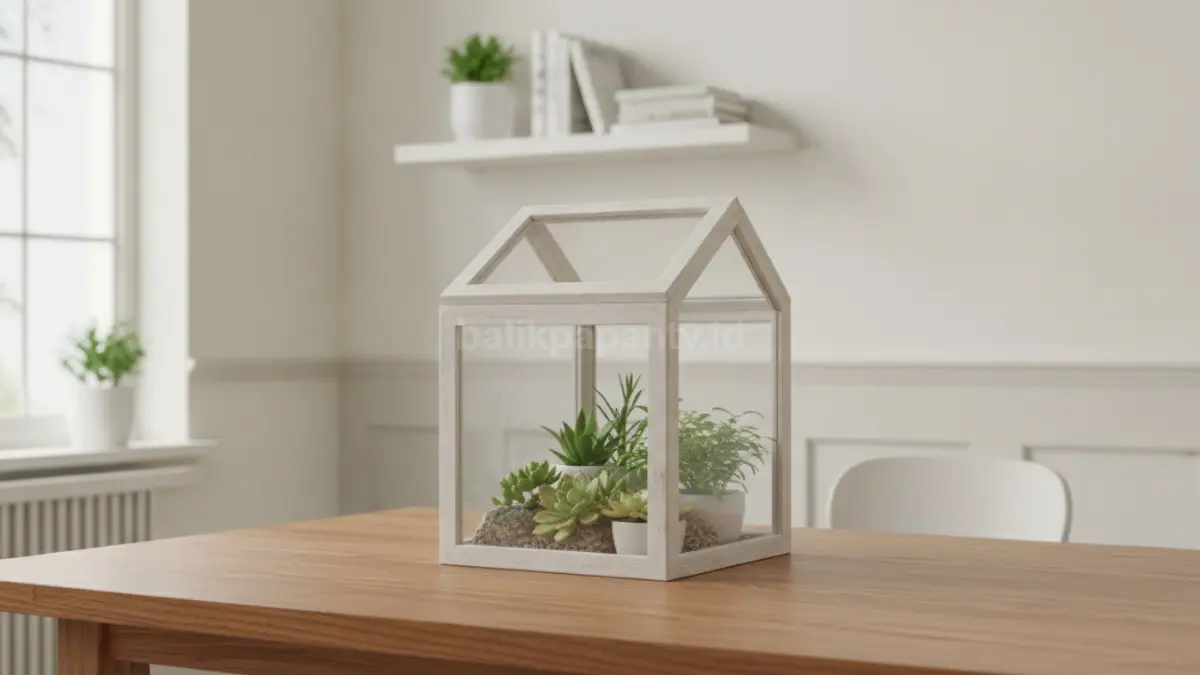 Mini greenhouse kubus minimalis tampil rapi, modern, serasi untuk interior sederhana dan bersih.  (BTV/AI)