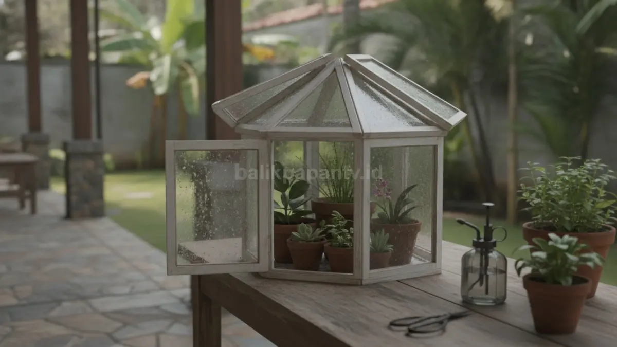 Mini greenhouse terbuka sebagian memudahkan sirkulasi udara, perawatan tanaman, serta menjaga kelembapan tetap seimbang.  (BTV/AI)