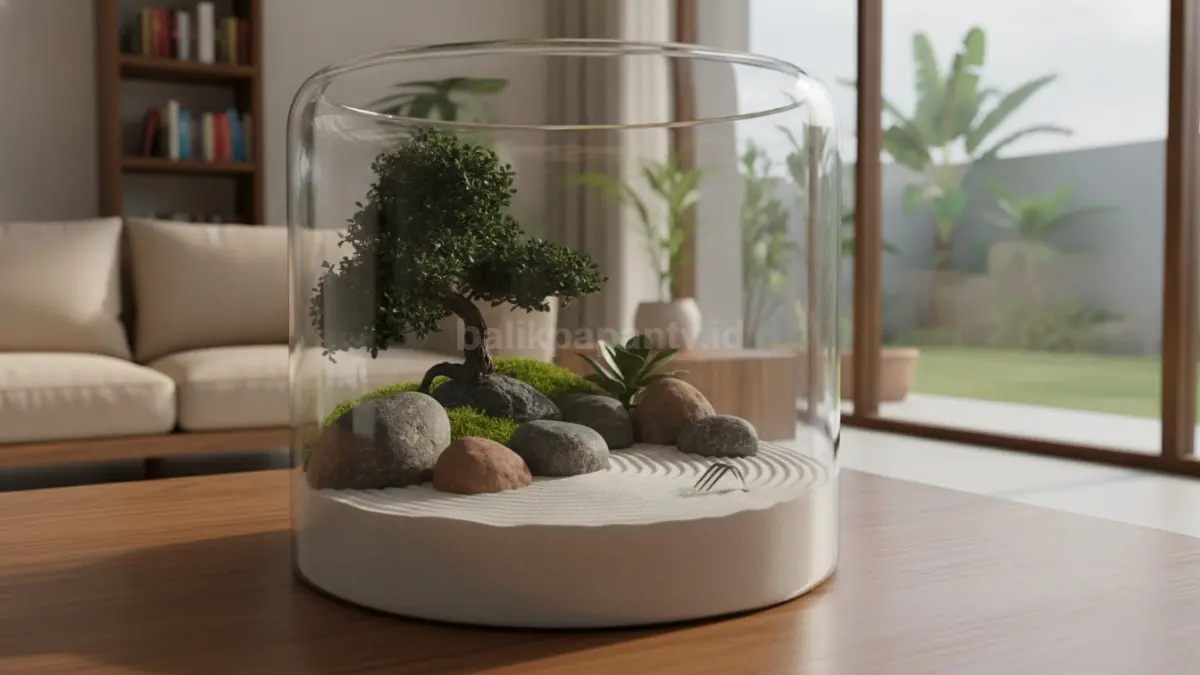 Mini Zen Garden batu alam menghadirkan tekstur natural, mempercantik ruang keluarga maupun area kerja.  (BTV/AI)