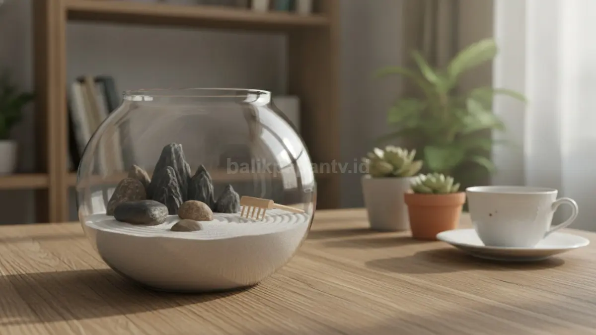 Mini Zen Garden dalam Toples Kaca dengan pasir putih dan batu alam di meja kerja.  (BTV/AI)