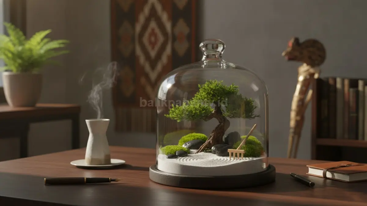 Mini Zen Garden meja kerja berukuran ringkas menghadirkan fokus visual menarik tanpa memenuhi area produktivitas.  (BTV/AI)