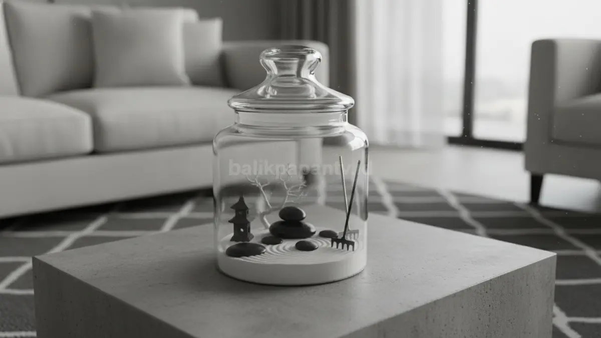 Mini Zen Garden monokrom minimalis memadukan hitam, abu-abu, putih elegan, serasi dengan berbagai furnitur modern.  (BTV/AI)