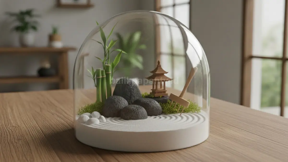 Mini Zen Garden pasir putih menghadirkan suasana tenang, rapi, dan estetis dalam toples kaca dekoratif.  (BTV/AI)