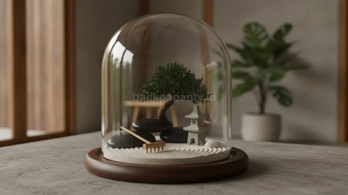 Mini Zen Garden tema Jepang modern menghadirkan keseimbangan visual melalui kombinasi batu hitam, pasir terang, dan ornamen sederhana elegan.  (BTV/AI)