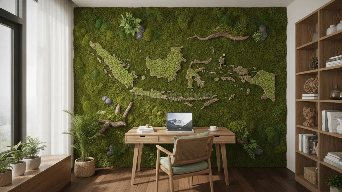 Moss Wall Art area kerja rumah menghadirkan nuansa segar dan nyaman saat bekerja.  (BTV/AI)