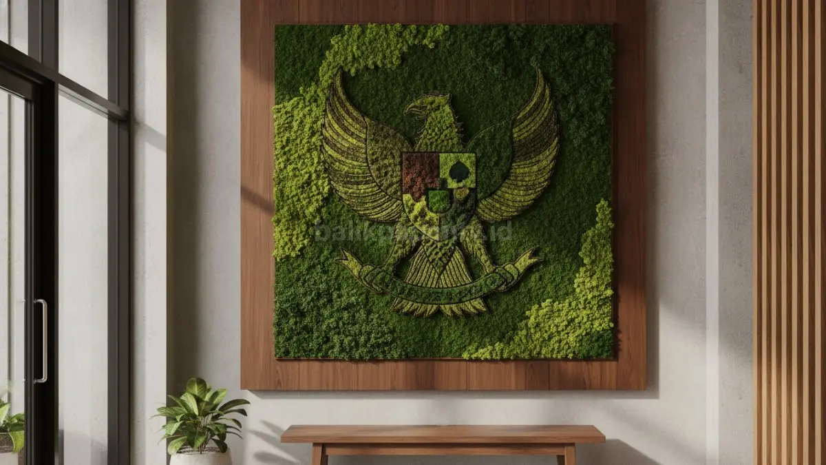 Moss Wall Art berlogo memperkuat identitas ruang sekaligus menarik perhatian pengunjung secara visual.  (BTV/AI)