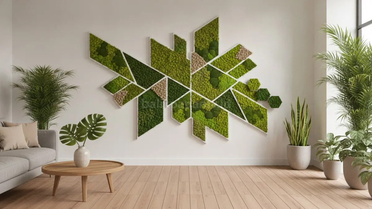 Moss Wall Art geometris menghadirkan pola modern dinamis yang memperkuat karakter visual ruangan.  (BTV/AI)