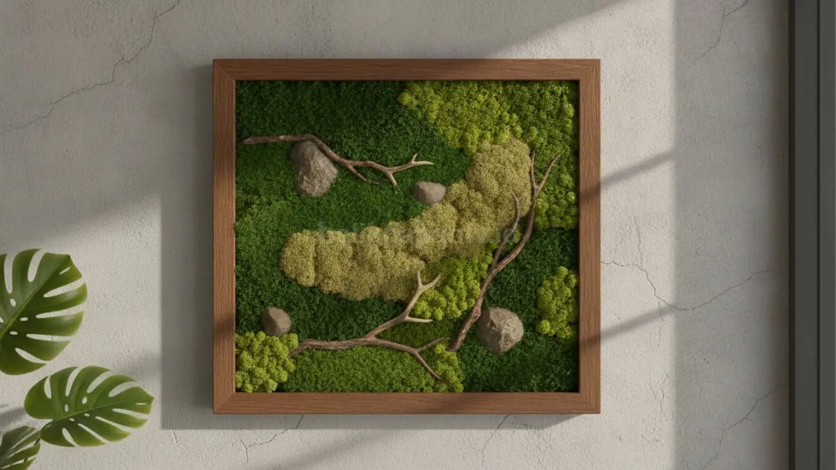 Panel moss minimalis menghadirkan nuansa hijau alami dengan desain sederhana untuk ruang modern.  (BTV/AI)
