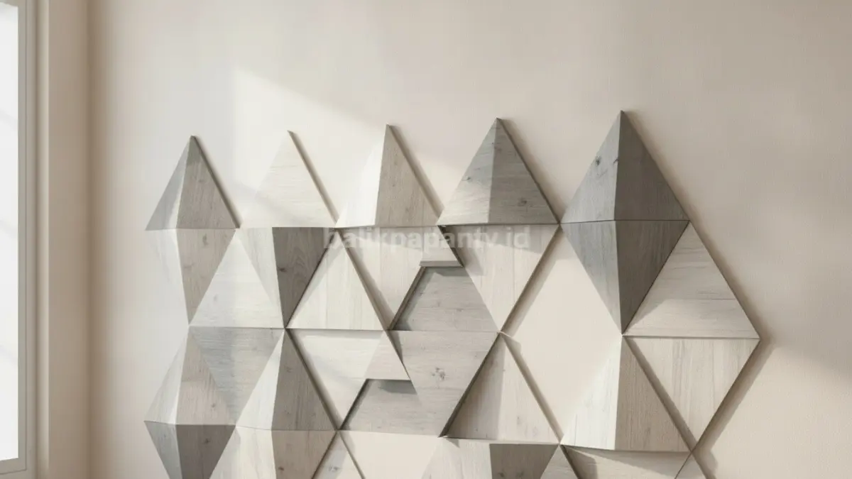 Panel segitiga bertingkat menciptakan bayangan dinamis, memberi dimensi modern pada dinding minimalis ruangan.  (BTV/AI)