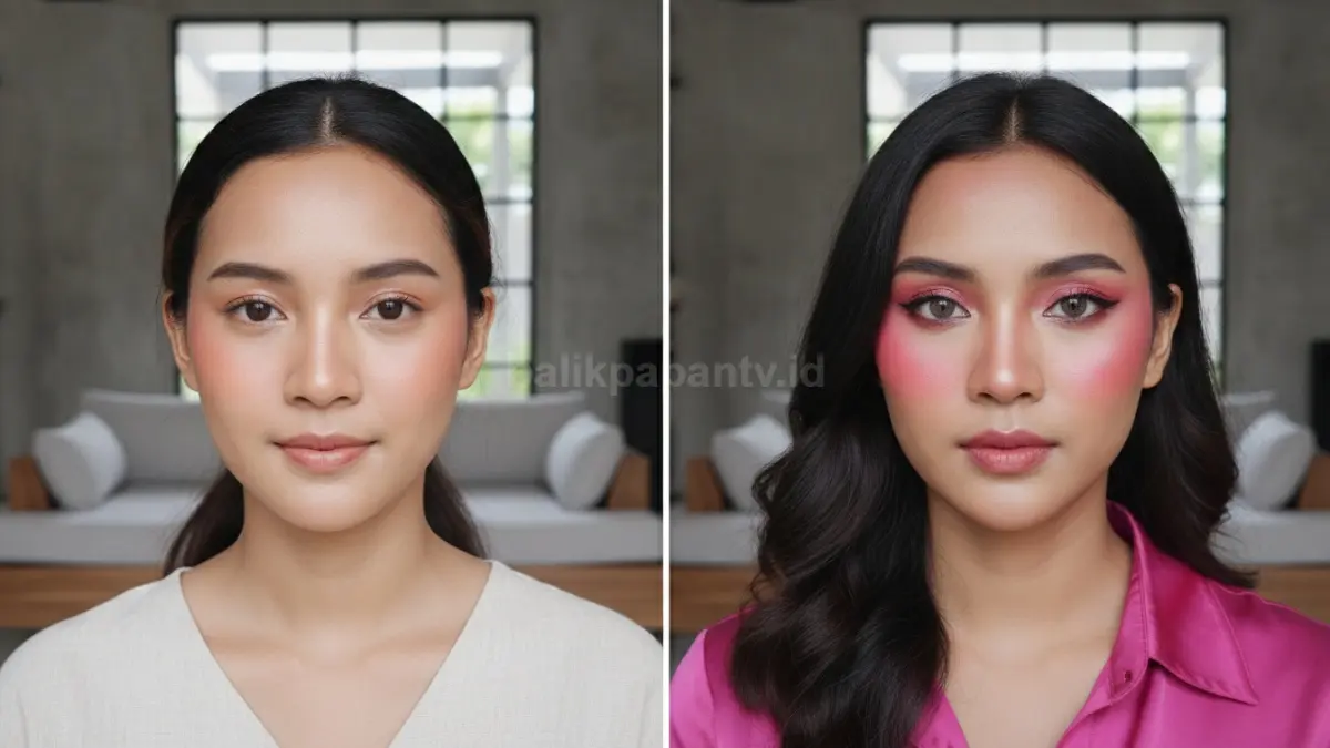 Perbandingan blush on tipis dan berlebihan untuk menunjukkan efek riasan yang berbeda.
