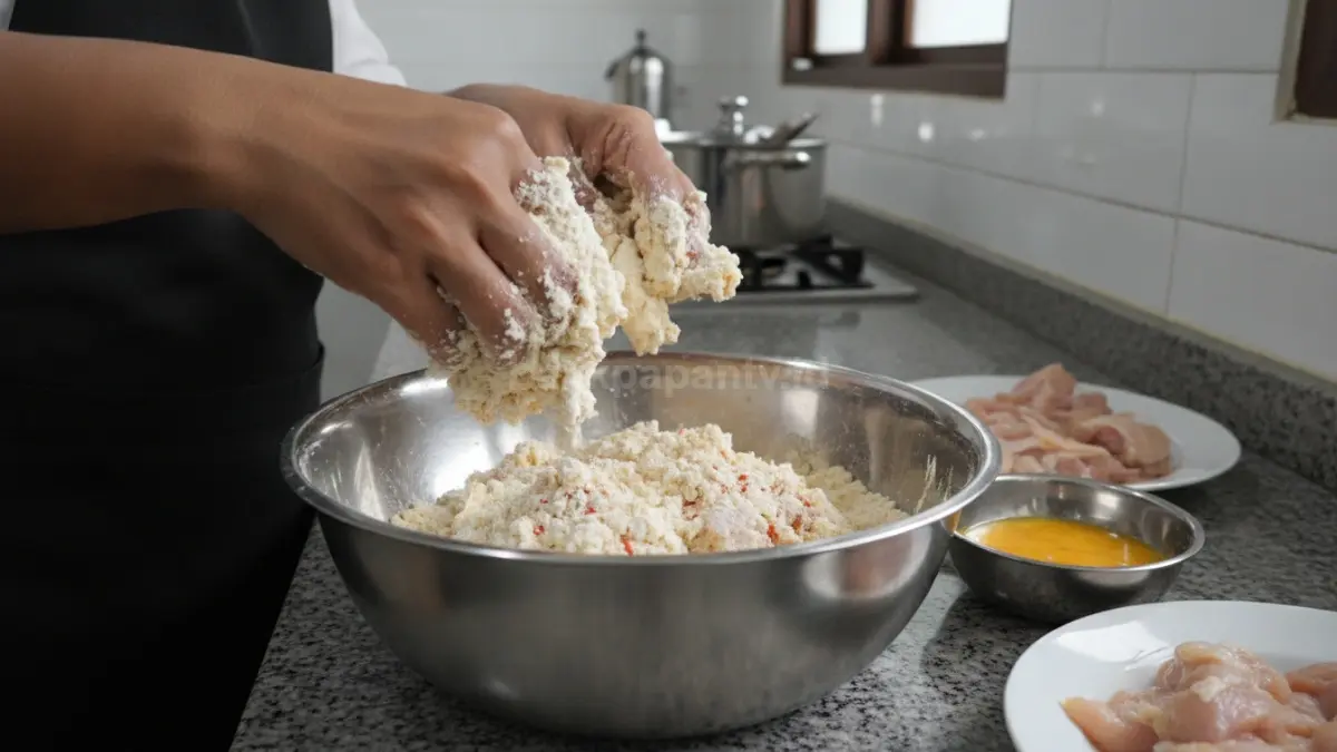 Proses melapisi ayam dengan campuran tepung untuk menghasilkan tekstur renyah dan keriting.