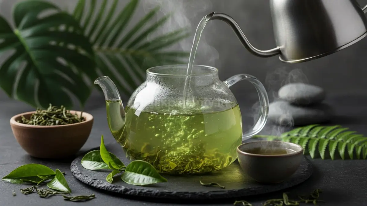 Proses penyeduhan teh hijau menggunakan air panas hingga aroma dan warnanya keluar sempurna.
