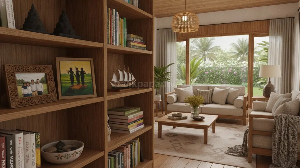 Rak pajangan berisi foto dan koleksi pribadi menciptakan identitas rumah yang penuh cerita. (BTV/AI)